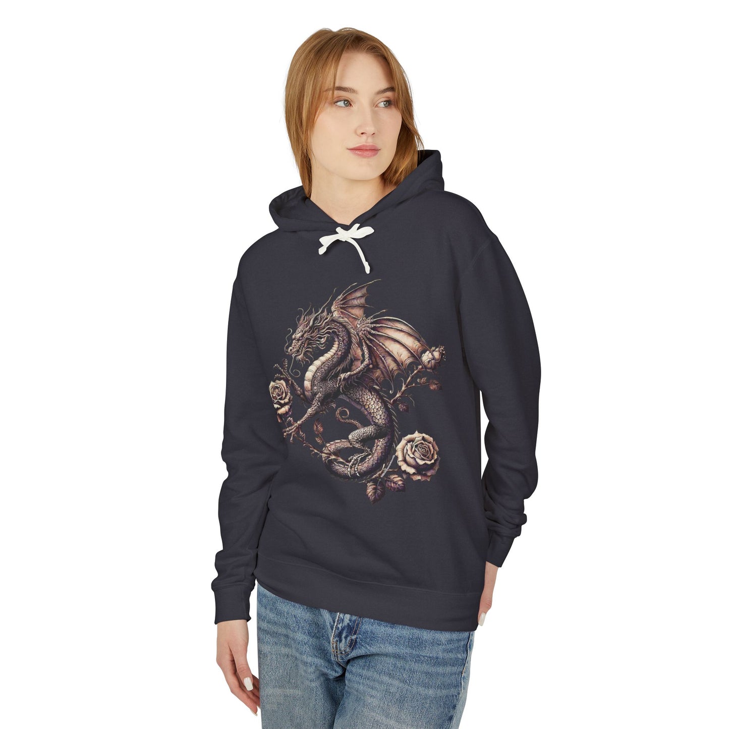 Dragon Floral Unisex Lightweight Hooded Sweatshirt, Gift for Fantasy Lovers, Cozy Sweatshirt, Unisex Hoodie for All Seasons, Dragon Art