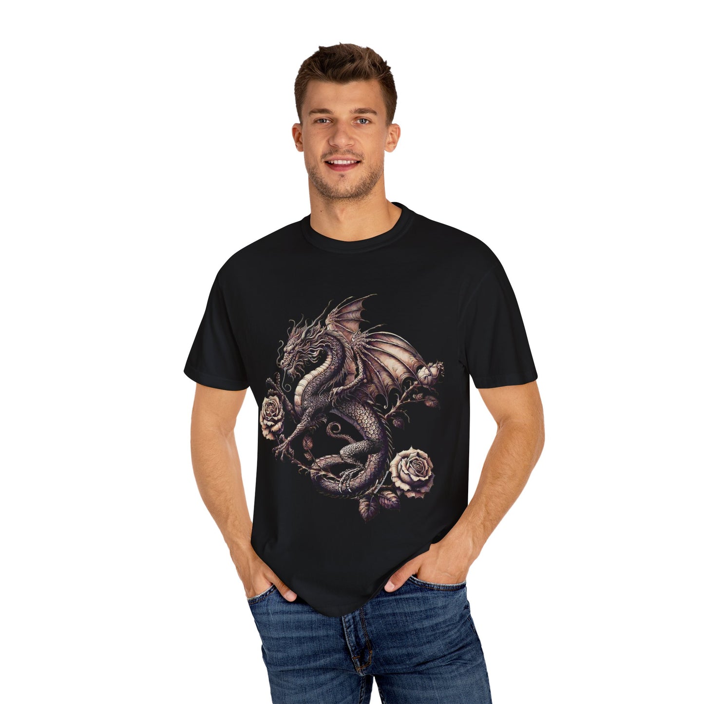Dragon Print Unisex Garment-Dyed T-shirt, Graphic Tee for Fantasy Lovers, Cool Casual Wear, Gifts for Dragon Enthusiasts, Unique Statement