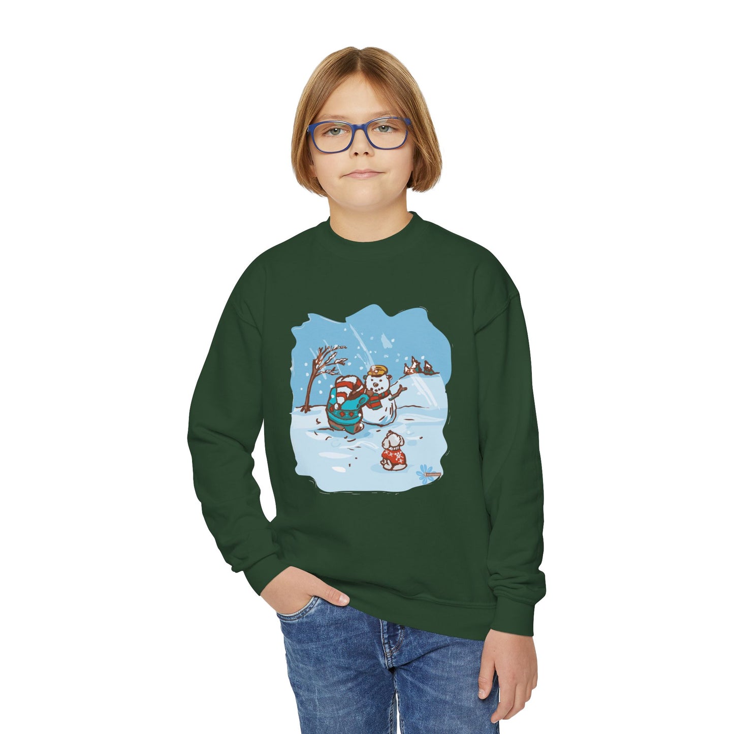 Madison Bear Cozy Youth Crewneck Sweatshirt Winter Snowman Design, Perfect for Christmas, Family Gatherings, Winter Fun, Holiday