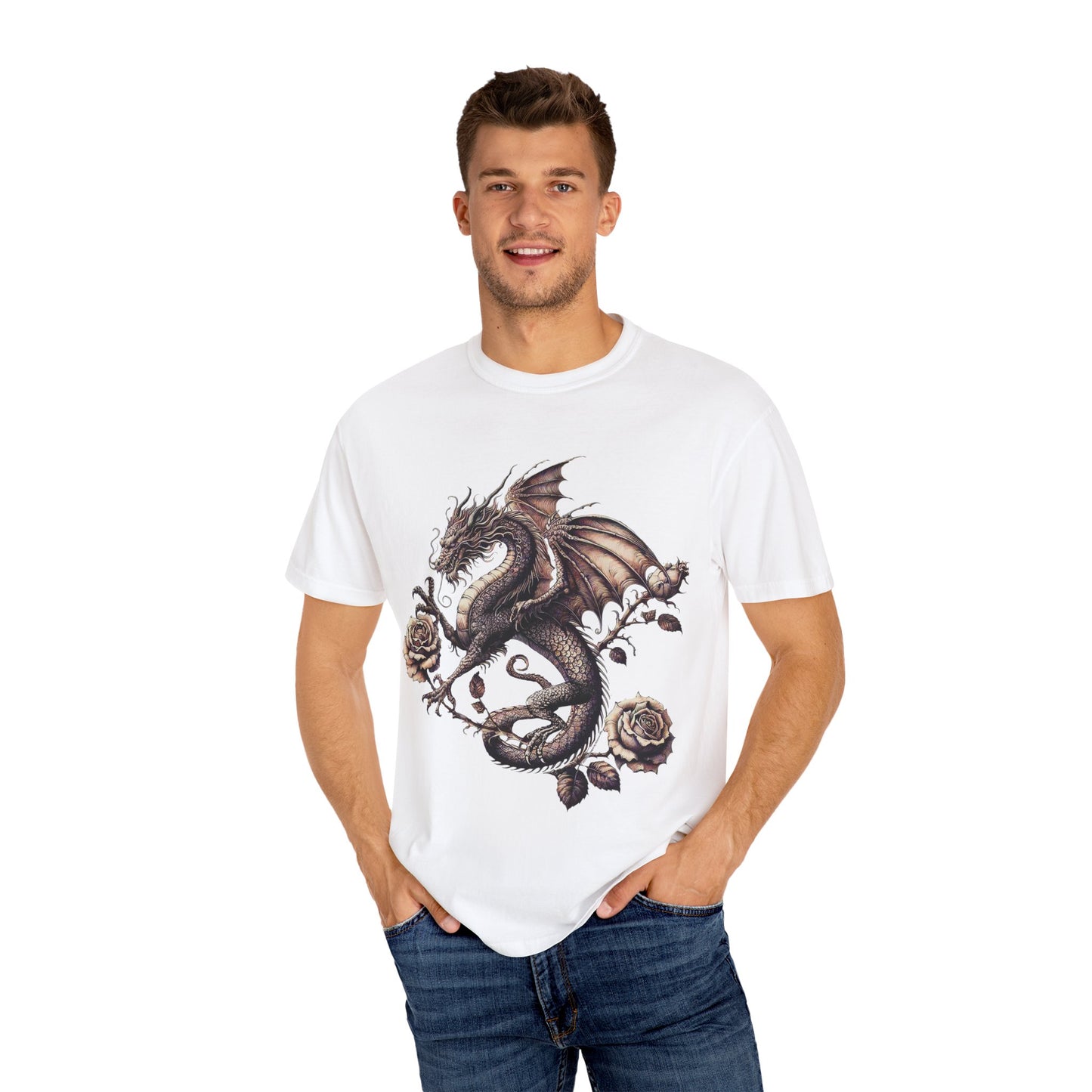 Dragon Print Unisex Garment-Dyed T-shirt, Graphic Tee for Fantasy Lovers, Cool Casual Wear, Gifts for Dragon Enthusiasts, Unique Statement