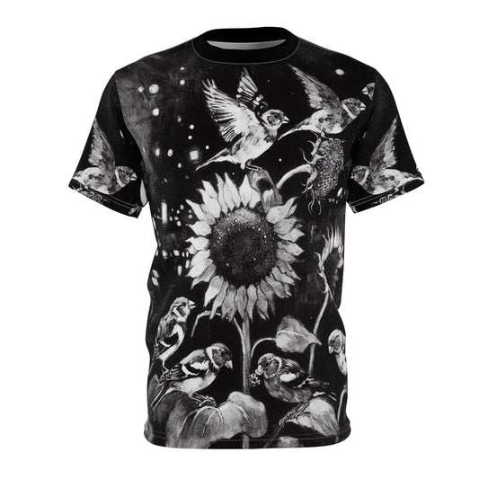 Finch Birds and the Sunflower Unisex Tee, T-Shirt, Nature Lover Gift, Floral Graphic Tee, Bird Watching Shirt, Sunflower Lover Apparel