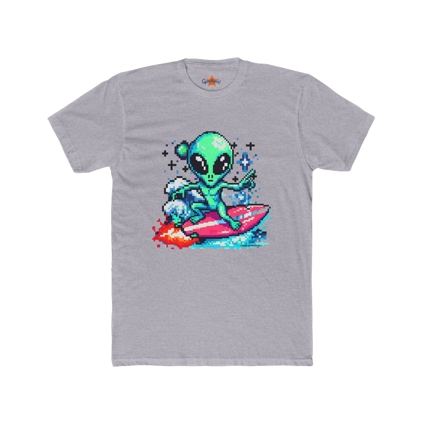 Alien Surfing Unisex Crew Tee - Retro 8-Bit Pixel Art, Gift for Gamers, Summer Vibe T-Shirt, Cool Casual Wear, Beach Lover's Shirt