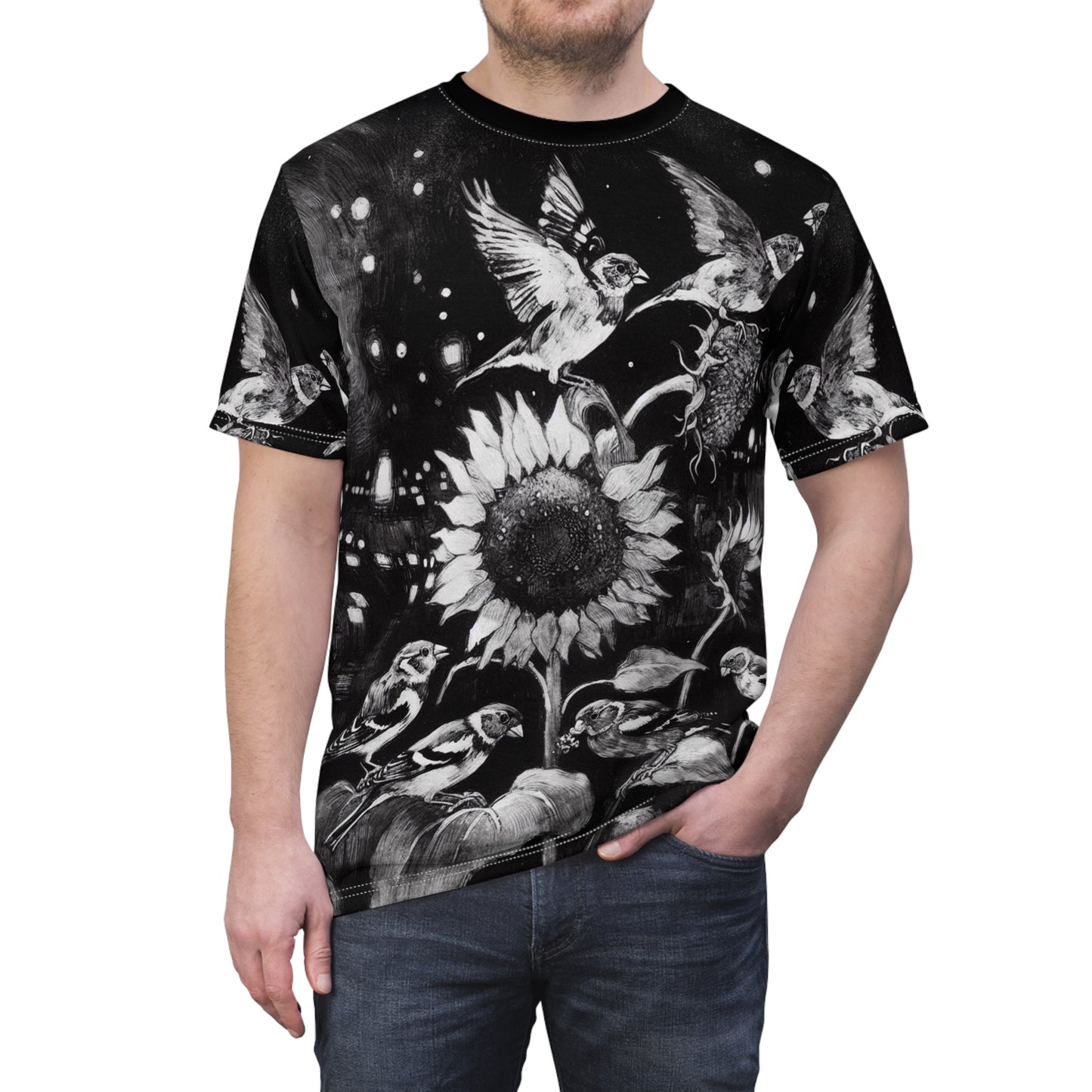 Finch Birds and the Sunflower Unisex Tee, T-Shirt, Nature Lover Gift, Floral Graphic Tee, Bird Watching Shirt, Sunflower Lover Apparel