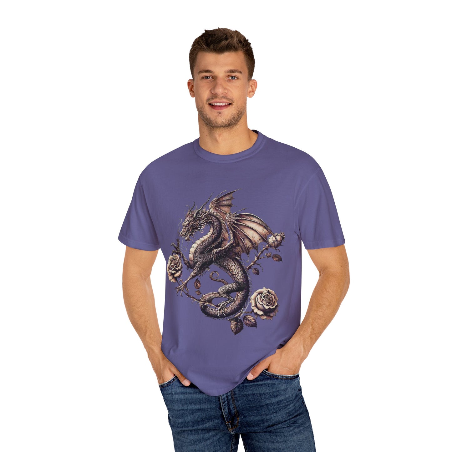 Dragon Print Unisex Garment-Dyed T-shirt, Graphic Tee for Fantasy Lovers, Cool Casual Wear, Gifts for Dragon Enthusiasts, Unique Statement