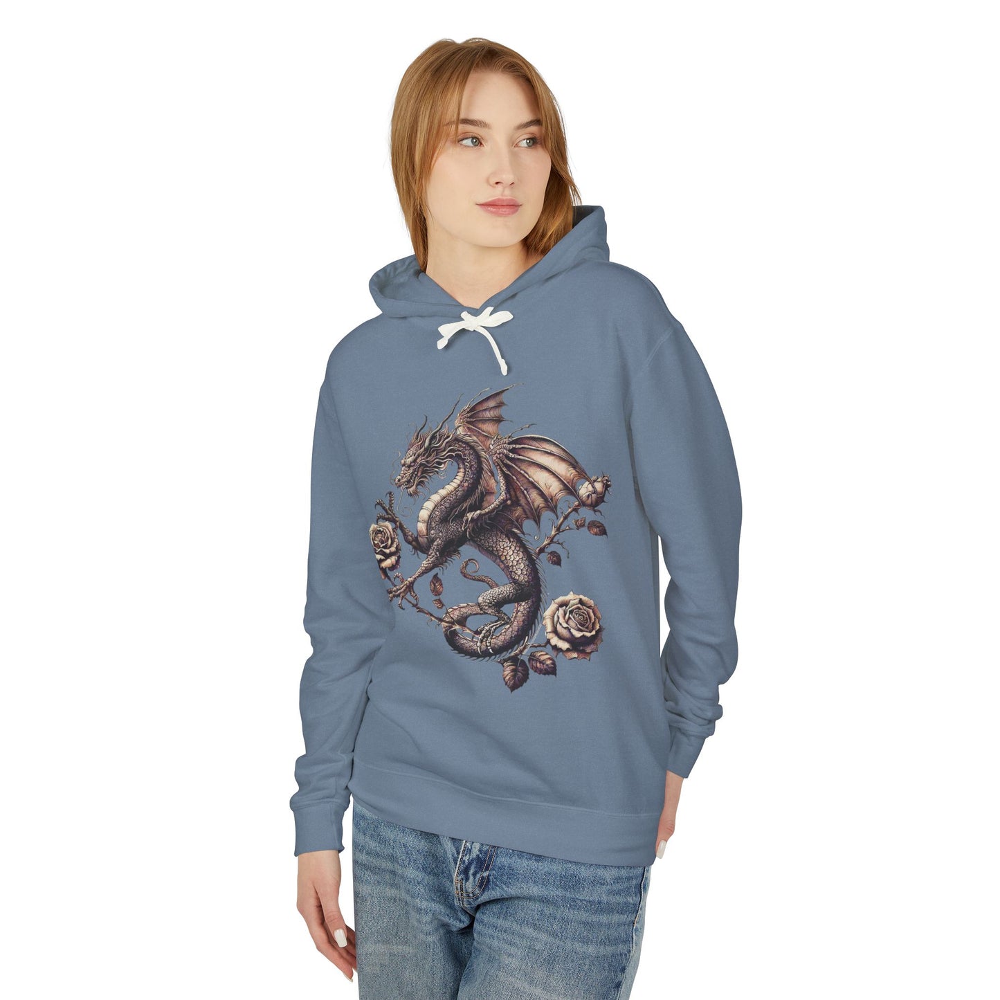 Dragon Floral Unisex Lightweight Hooded Sweatshirt, Gift for Fantasy Lovers, Cozy Sweatshirt, Unisex Hoodie for All Seasons, Dragon Art