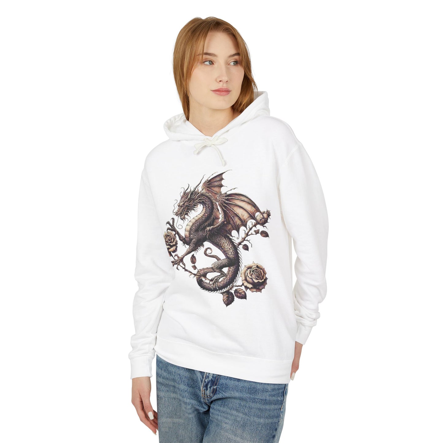 Dragon Floral Unisex Lightweight Hooded Sweatshirt, Gift for Fantasy Lovers, Cozy Sweatshirt, Unisex Hoodie for All Seasons, Dragon Art