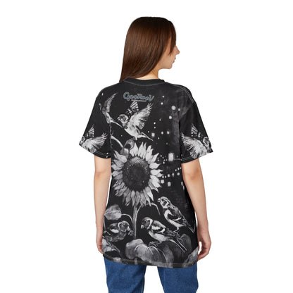 Finch Birds and the Sunflower Unisex Tee, T-Shirt, Nature Lover Gift, Floral Graphic Tee, Bird Watching Shirt, Sunflower Lover Apparel