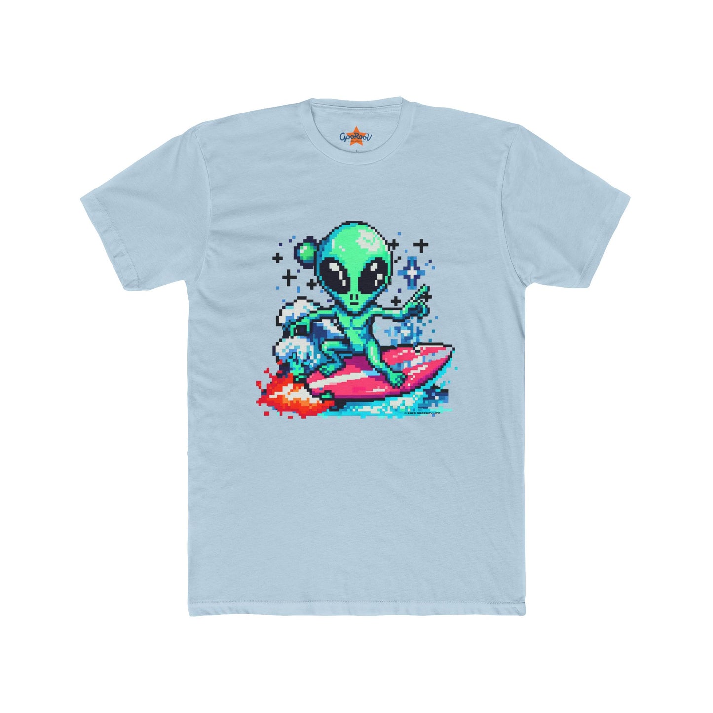 Alien Surfing Unisex Crew Tee - Retro 8-Bit Pixel Art, Gift for Gamers, Summer Vibe T-Shirt, Cool Casual Wear, Beach Lover's Shirt
