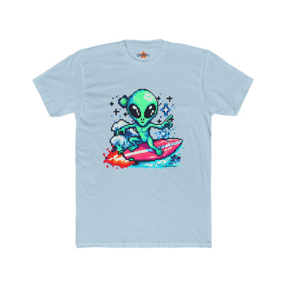 Alien Surfing Unisex Crew Tee - Retro 8-Bit Pixel Art, Gift for Gamers, Summer Vibe T-Shirt, Cool Casual Wear, Beach Lover's Shirt