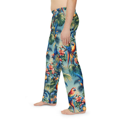 Tropical Parrot Men's Pajama Pants, Bird Print Lounge Sleepwear, Beach Vacation Relaxation Bottoms, Summer PJs for Him, Exotic Animal Lounge