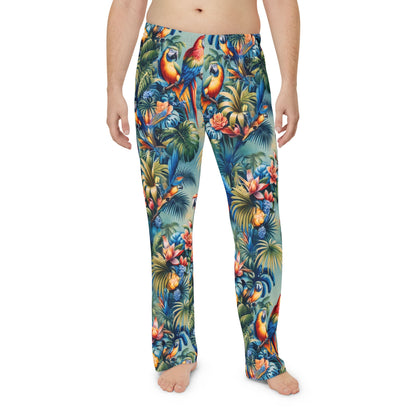 Tropical Parrot Men's Pajama Pants, Bird Print Lounge Sleepwear, Beach Vacation Relaxation Bottoms, Summer PJs for Him, Exotic Animal Lounge