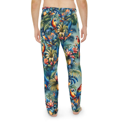 Tropical Parrot Men's Pajama Pants, Bird Print Lounge Sleepwear, Beach Vacation Relaxation Bottoms, Summer PJs for Him, Exotic Animal Lounge