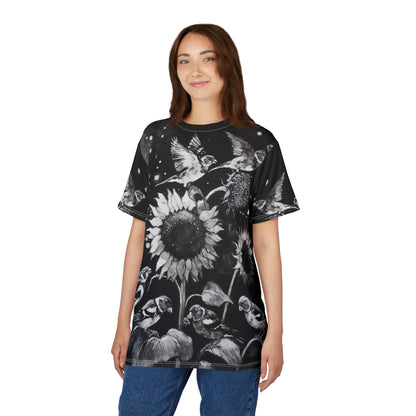 Finch Birds and the Sunflower Unisex Tee, T-Shirt, Nature Lover Gift, Floral Graphic Tee, Bird Watching Shirt, Sunflower Lover Apparel