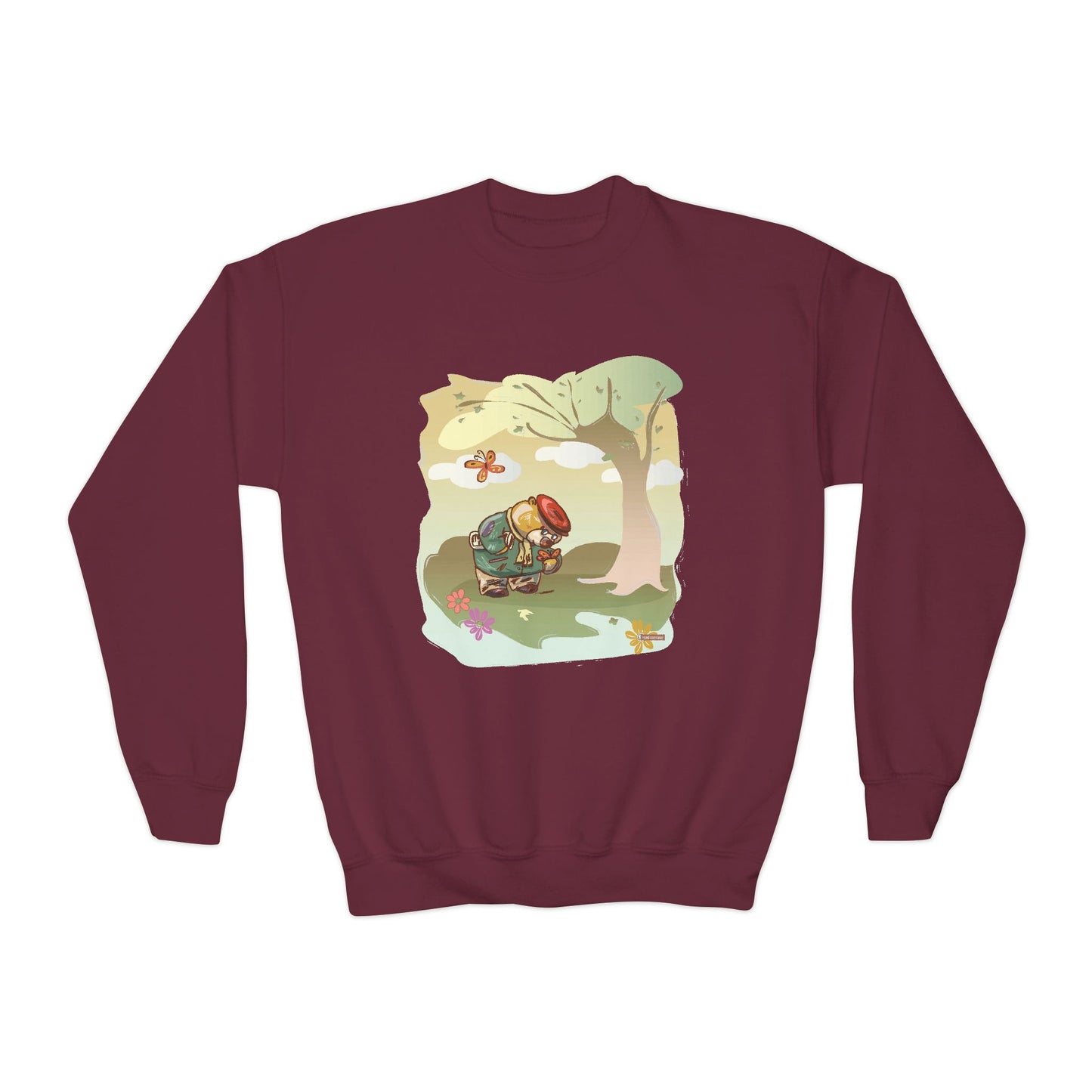 Kids Madison Bear Hiking in the Forest Youth Crewneck Sweatshirt - Nature Lover, Outdoor Adventure, Wildlife, Cute Animal, Forest Ranger Gift