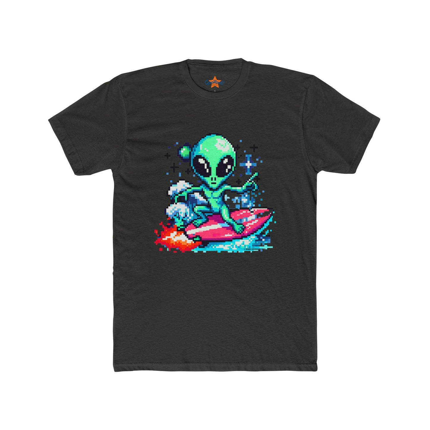 Alien Surfing Unisex Crew Tee - Retro 8-Bit Pixel Art, Gift for Gamers, Summer Vibe T-Shirt, Cool Casual Wear, Beach Lover's Shirt