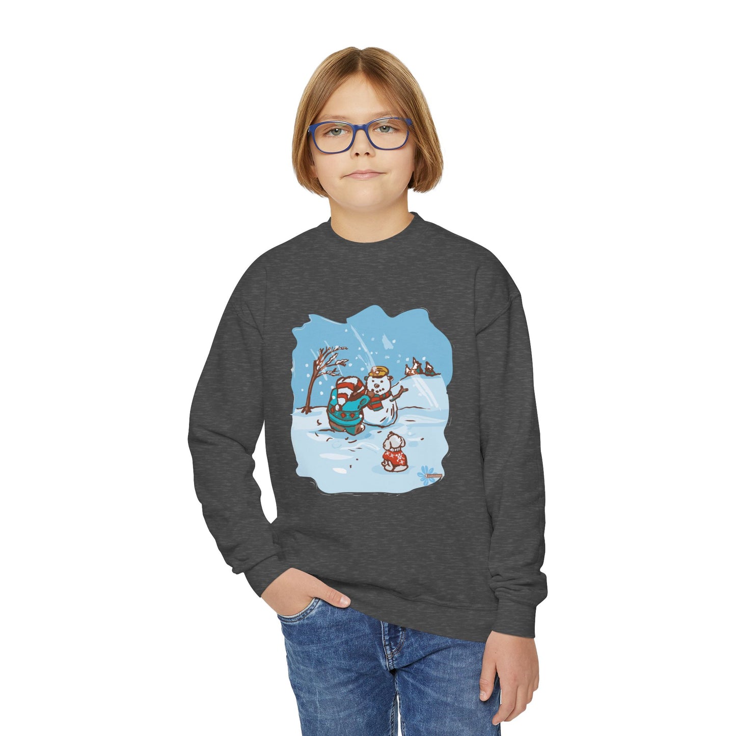 Madison Bear Cozy Youth Crewneck Sweatshirt Winter Snowman Design, Perfect for Christmas, Family Gatherings, Winter Fun, Holiday