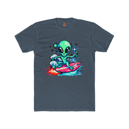 Alien Surfing Unisex Crew Tee - Retro 8-Bit Pixel Art, Gift for Gamers, Summer Vibe T-Shirt, Cool Casual Wear, Beach Lover's Shirt