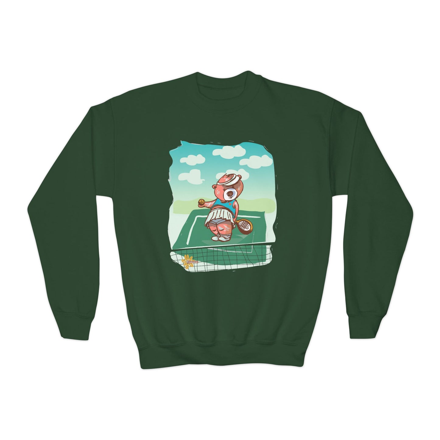 Kid's Madison Bear, Cute Tennis Bear Youth Crewneck Sweatshirt | Fun Sports Apparel for Kids | Perfect for Birthdays