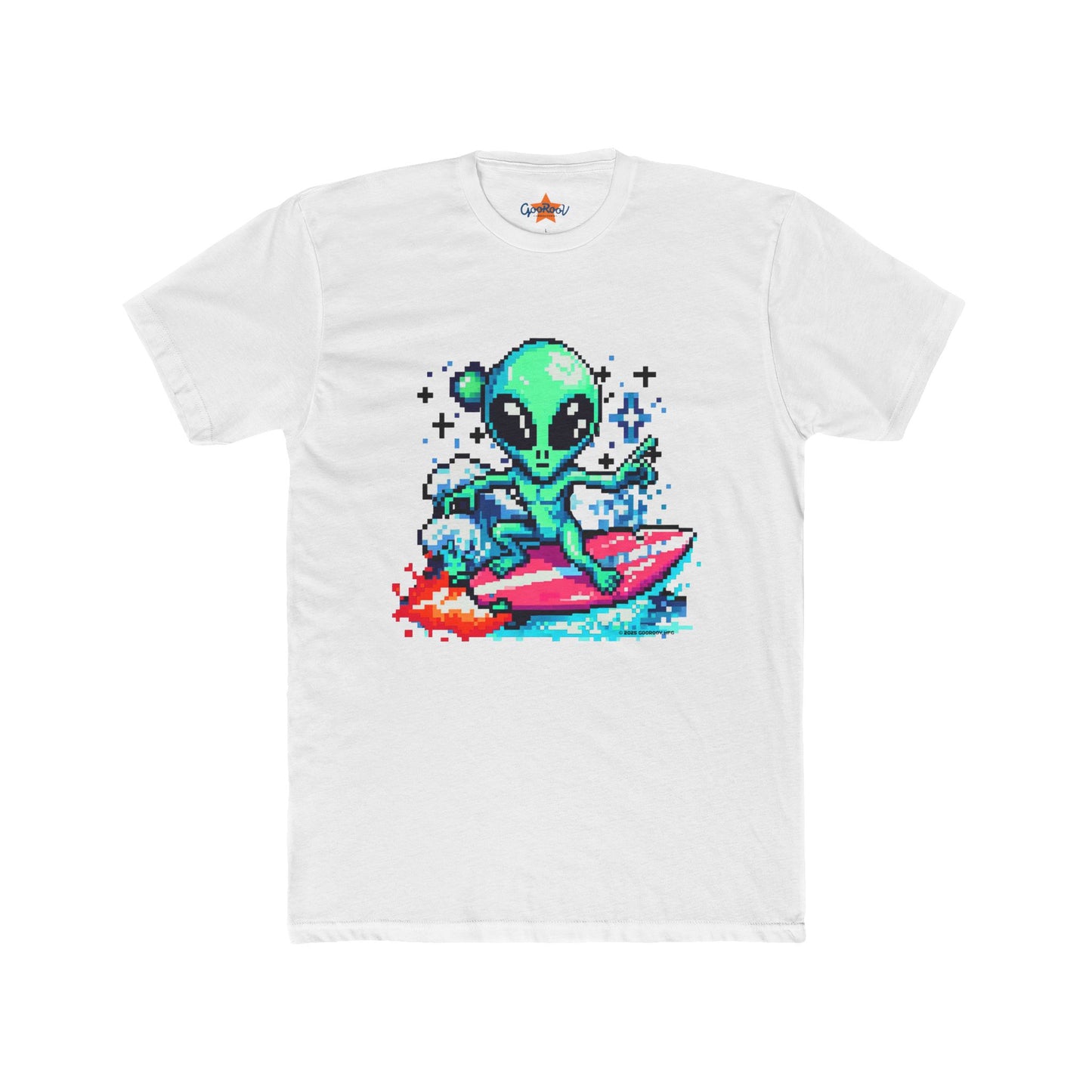 Alien Surfing Unisex Crew Tee - Retro 8-Bit Pixel Art, Gift for Gamers, Summer Vibe T-Shirt, Cool Casual Wear, Beach Lover's Shirt