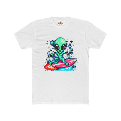 Alien Surfing Unisex Crew Tee - Retro 8-Bit Pixel Art, Gift for Gamers, Summer Vibe T-Shirt, Cool Casual Wear, Beach Lover's Shirt