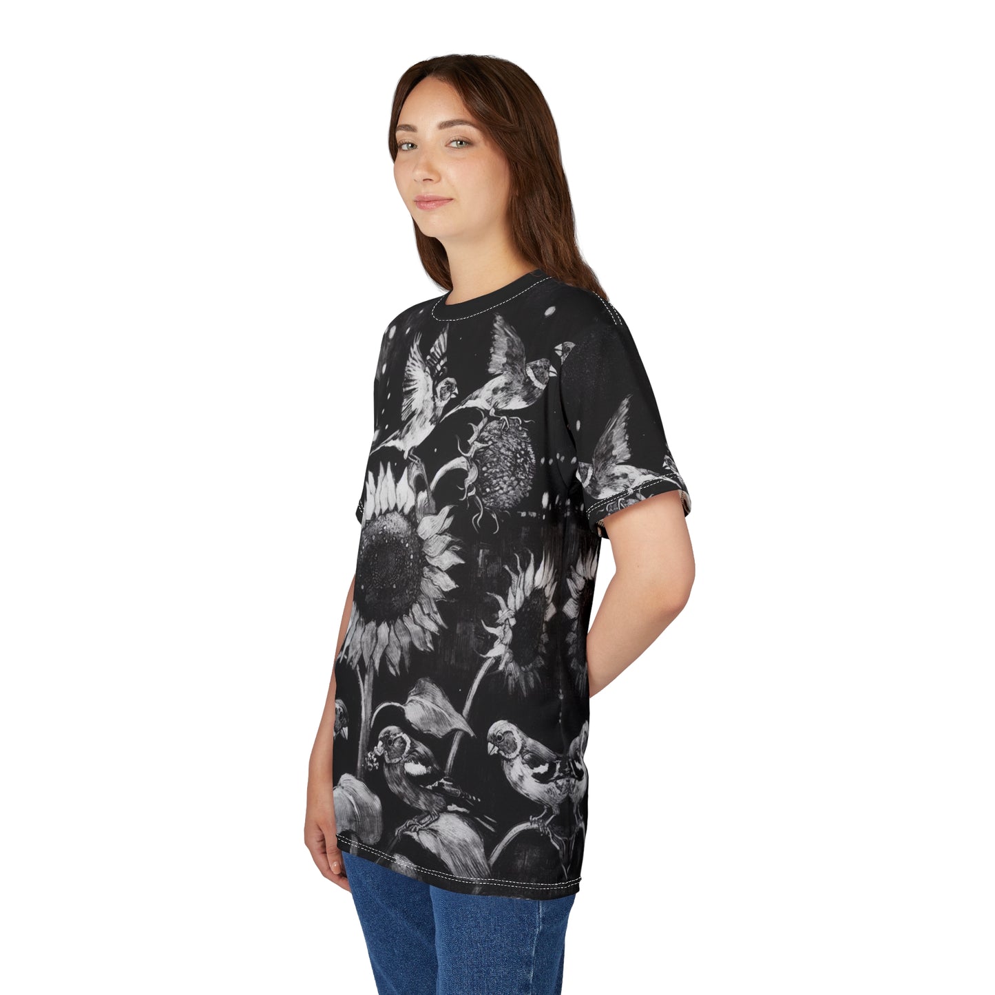 Finch Birds and the Sunflower Unisex Tee, T-Shirt, Nature Lover Gift, Floral Graphic Tee, Bird Watching Shirt, Sunflower Lover Apparel