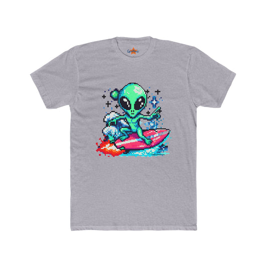 Alien Surfing Unisex Crew Tee - Retro 8-Bit Pixel Art, Gift for Gamers, Summer Vibe T-Shirt, Cool Casual Wear, Beach Lover's Shirt