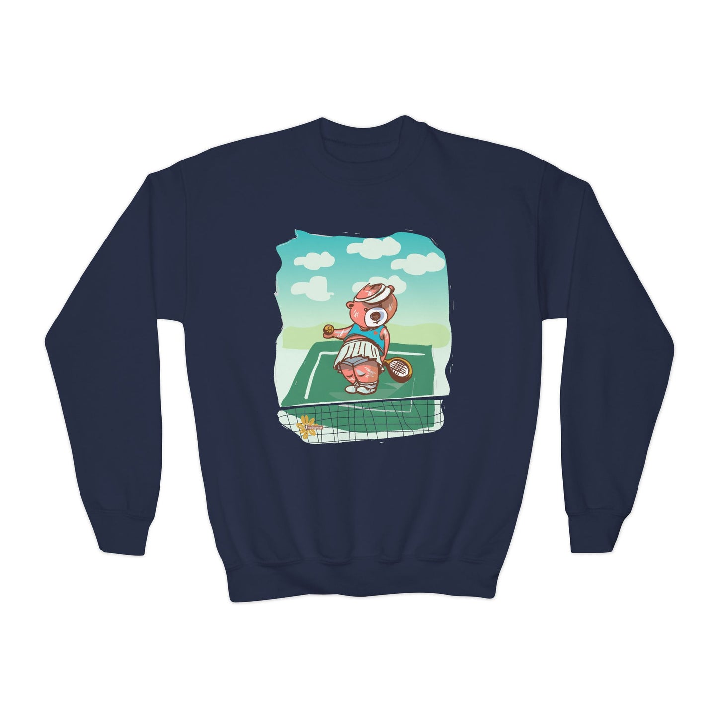 Kid's Madison Bear, Cute Tennis Bear Youth Crewneck Sweatshirt | Fun Sports Apparel for Kids | Perfect for Birthdays
