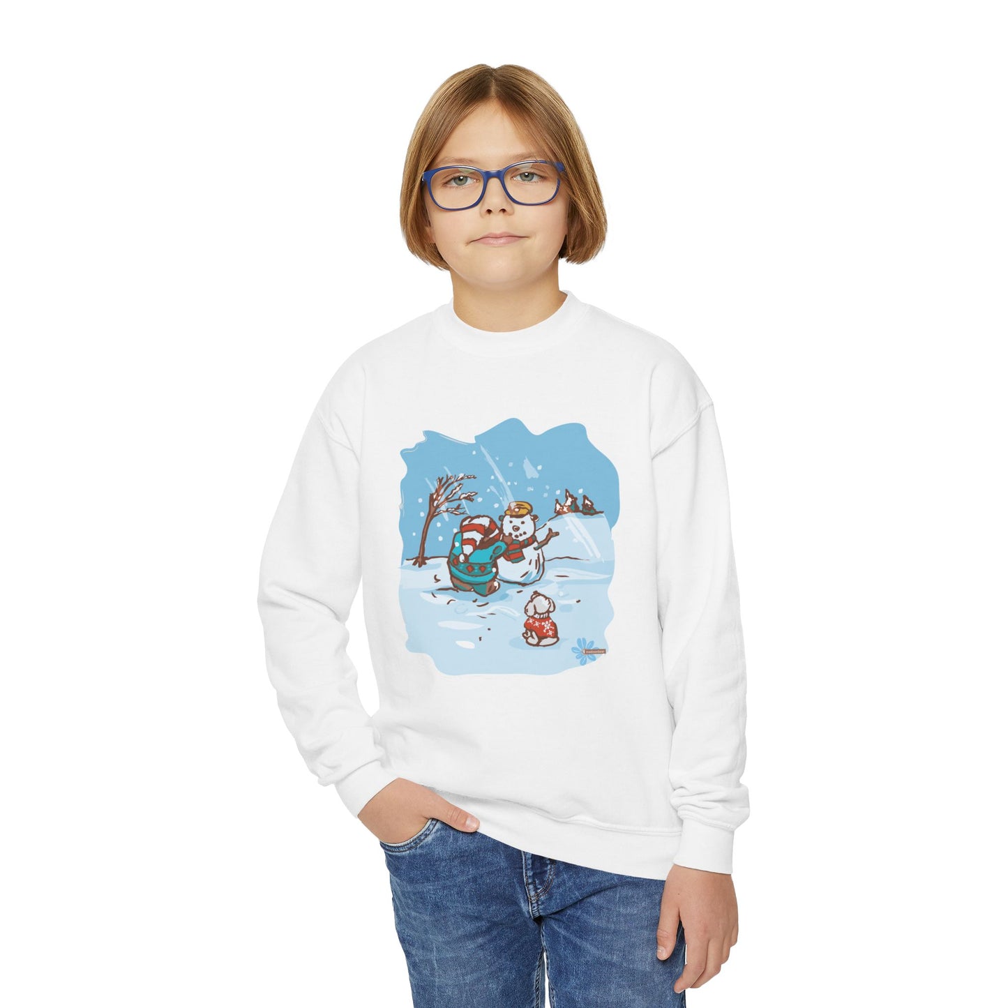 Madison Bear Cozy Youth Crewneck Sweatshirt Winter Snowman Design, Perfect for Christmas, Family Gatherings, Winter Fun, Holiday