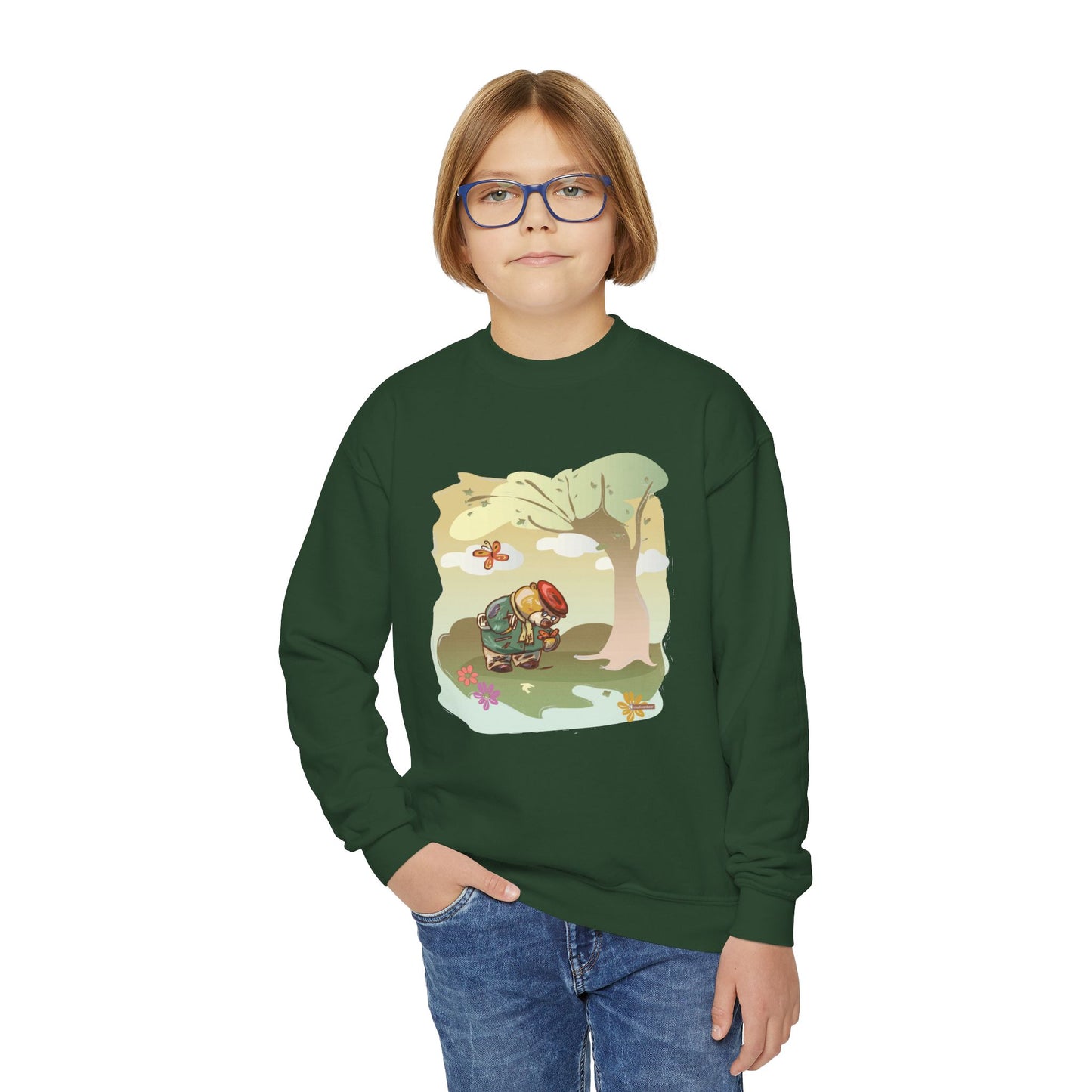 Kids Madison Bear Hiking in the Forest Youth Crewneck Sweatshirt - Nature Lover, Outdoor Adventure, Wildlife, Cute Animal, Forest Ranger Gift