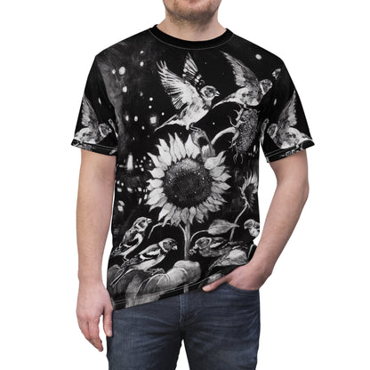 Finch Birds and the Sunflower Unisex Tee, T-Shirt, Nature Lover Gift, Floral Graphic Tee, Bird Watching Shirt, Sunflower Lover Apparel