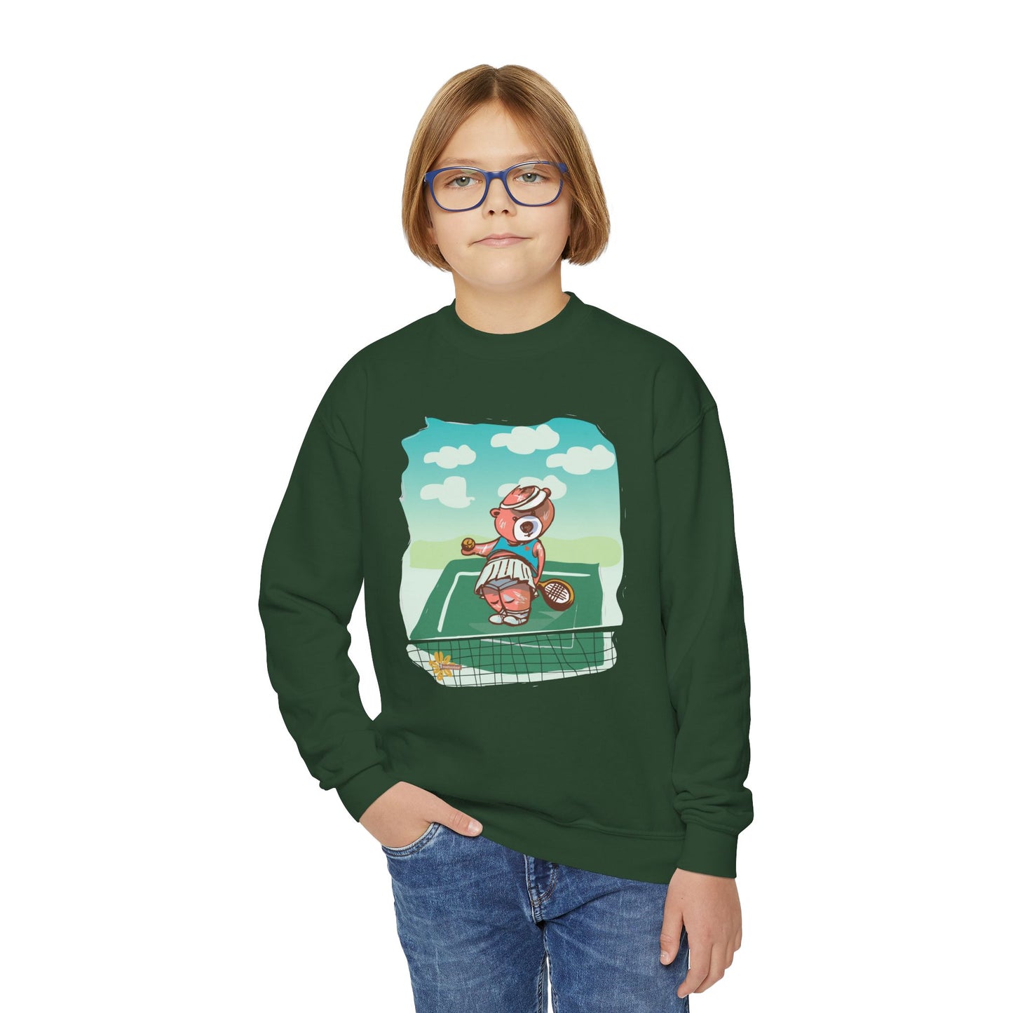 Kid's Madison Bear, Cute Tennis Bear Youth Crewneck Sweatshirt | Fun Sports Apparel for Kids | Perfect for Birthdays