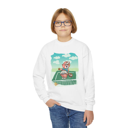 Kid's Madison Bear, Cute Tennis Bear Youth Crewneck Sweatshirt | Fun Sports Apparel for Kids | Perfect for Birthdays