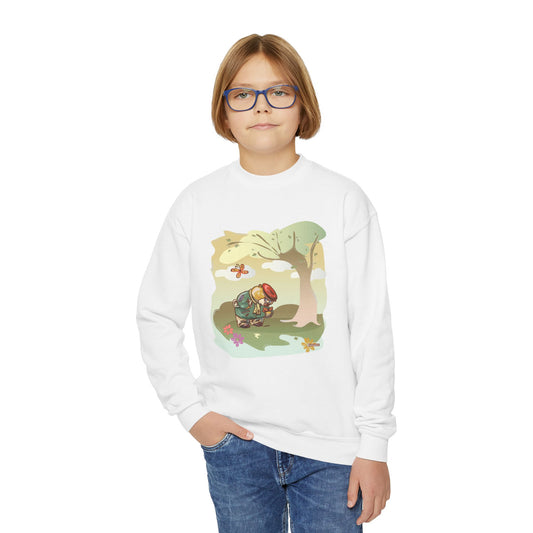 Kids Madison Bear Hiking in the Forest Youth Crewneck Sweatshirt - Nature Lover, Outdoor Adventure, Wildlife, Cute Animal, Forest Ranger Gift