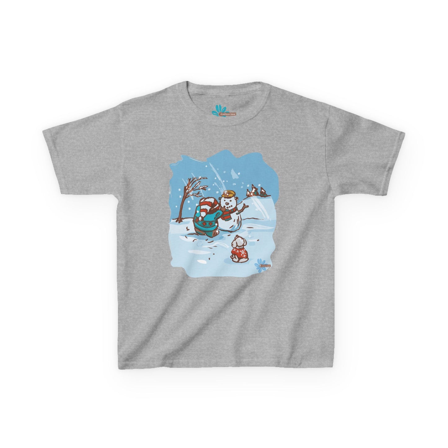 Kids Madison Bear Snowman - By GooRooV Mfg. Festive Holiday, Christmas Gift for Kids, Winter Play Tee