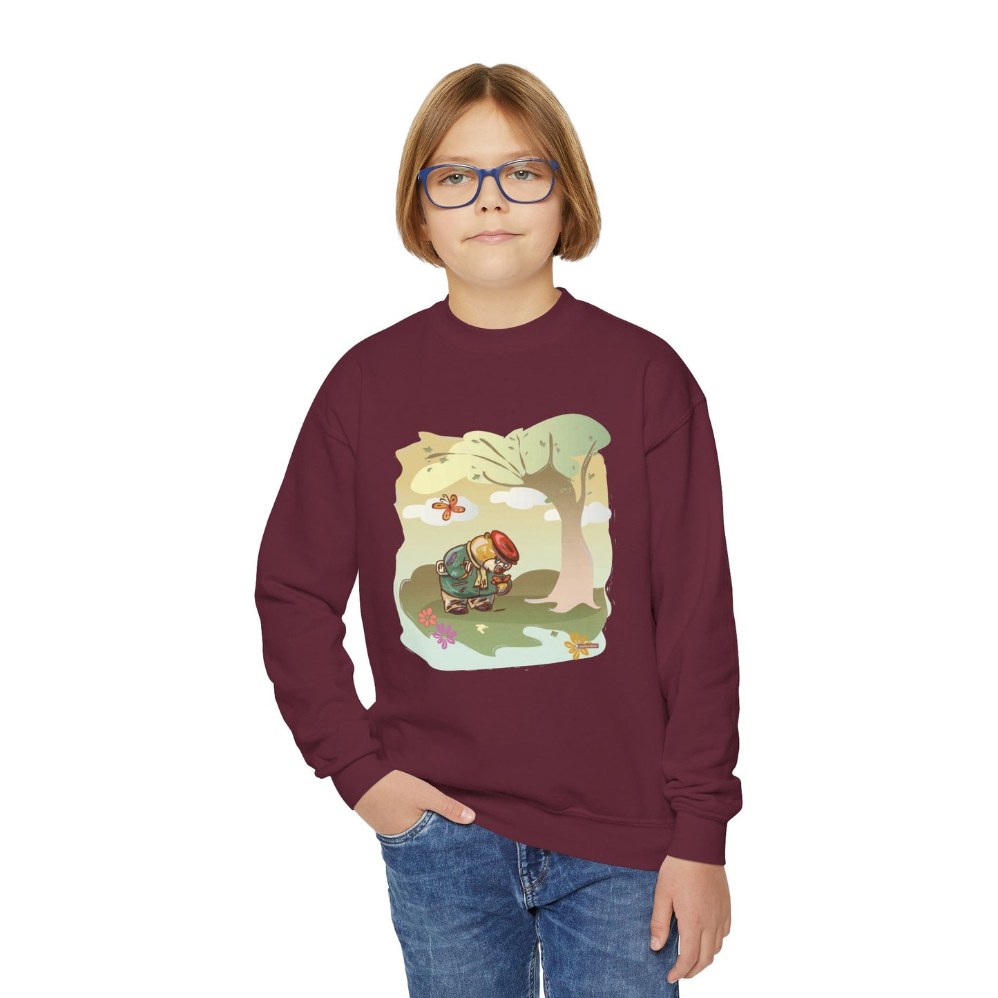Kids Madison Bear Hiking in the Forest Youth Crewneck Sweatshirt - Nature Lover, Outdoor Adventure, Wildlife, Cute Animal, Forest Ranger Gift