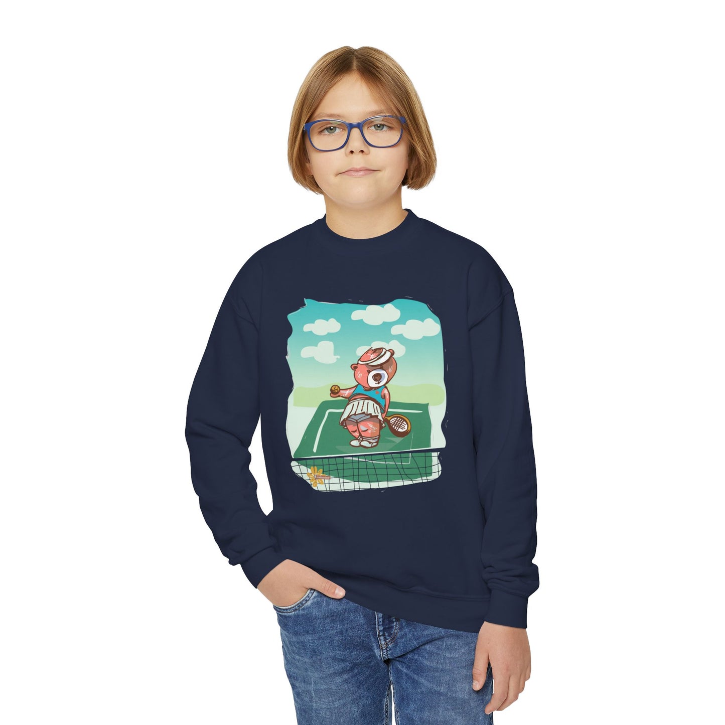 Kid's Madison Bear, Cute Tennis Bear Youth Crewneck Sweatshirt | Fun Sports Apparel for Kids | Perfect for Birthdays