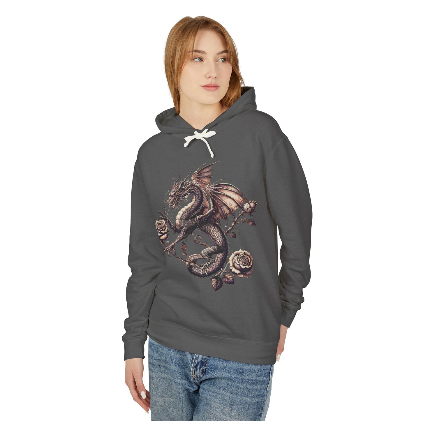 Dragon Floral Unisex Lightweight Hooded Sweatshirt, Gift for Fantasy Lovers, Cozy Sweatshirt, Unisex Hoodie for All Seasons, Dragon Art