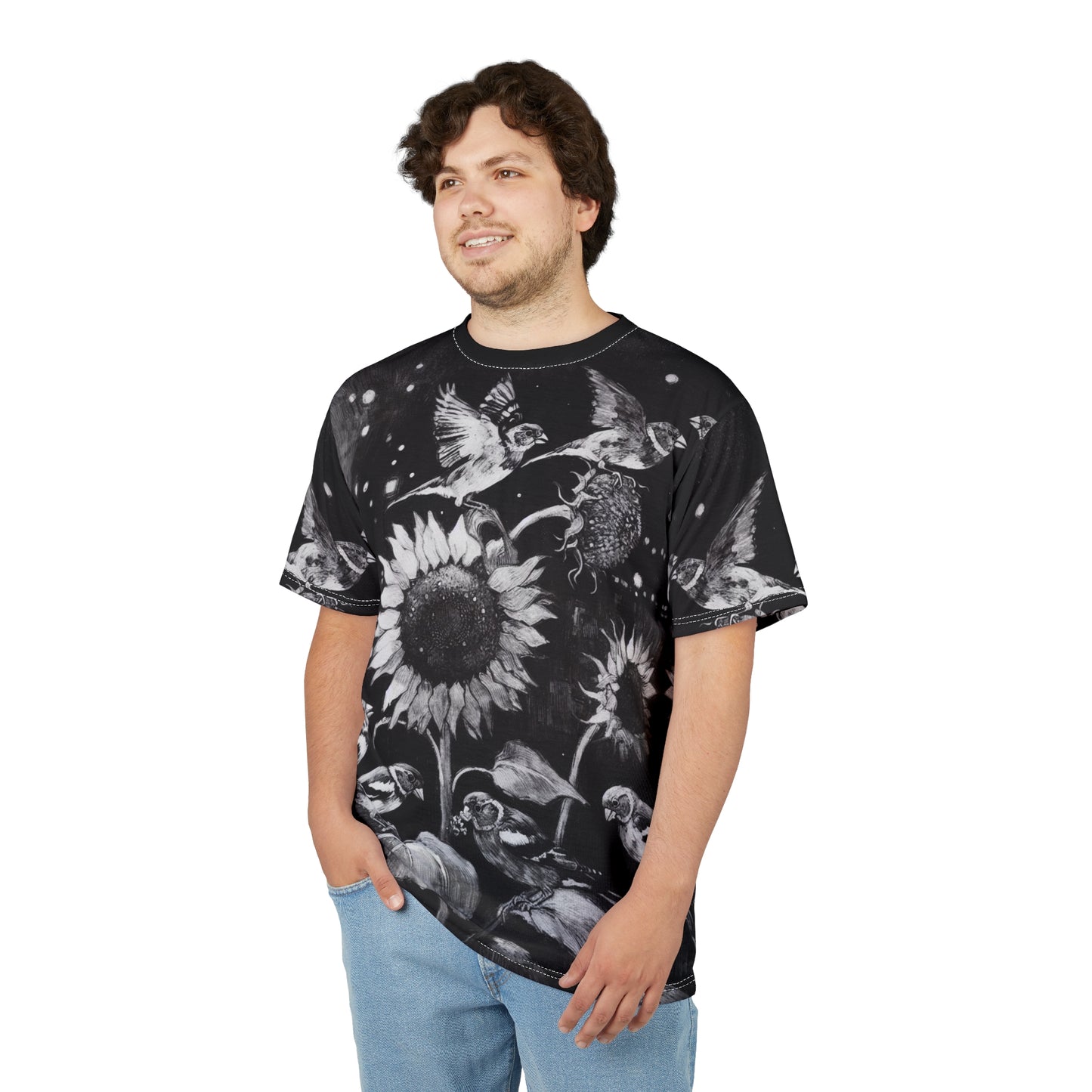 Finch Birds and the Sunflower Unisex Tee, T-Shirt, Nature Lover Gift, Floral Graphic Tee, Bird Watching Shirt, Sunflower Lover Apparel