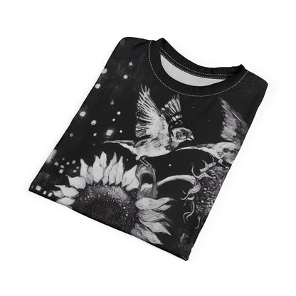 Finch Birds and the Sunflower Unisex Tee, T-Shirt, Nature Lover Gift, Floral Graphic Tee, Bird Watching Shirt, Sunflower Lover Apparel